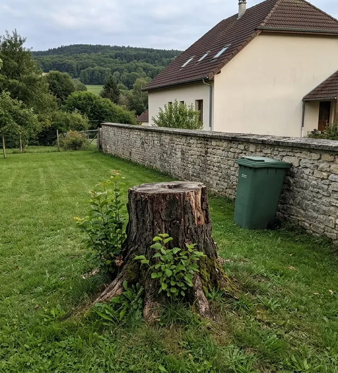 Souche dans une pelouse, avant rognage